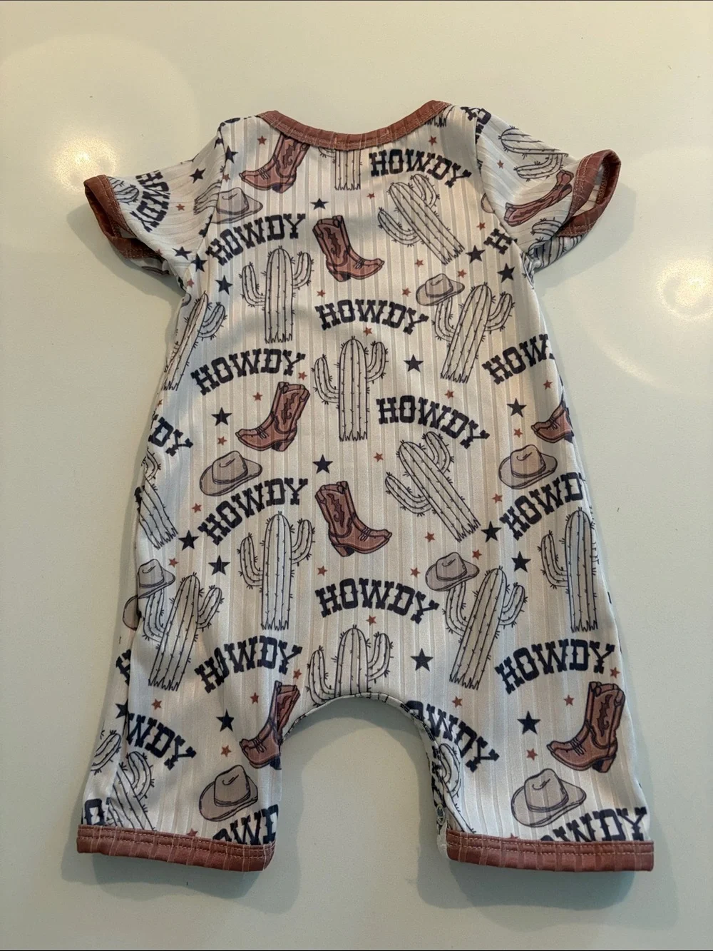 Howdy Cowboy Short Sleeve Romper - White with Brown Trim
